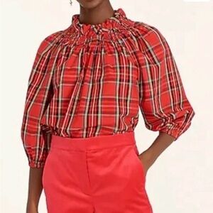 J. Crew Cotton Smocked Neck Top 3/4 Sleeves Good Tidings Plaid.  Sz L.  EUC!